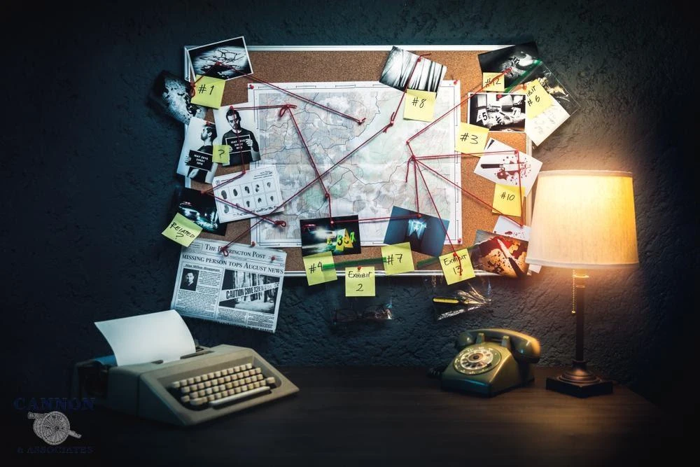 A vision board connecting evidence from a criminal case.