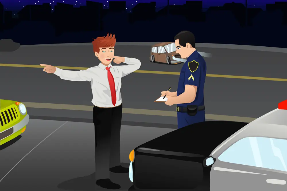 Graphic of a man talking to cop.