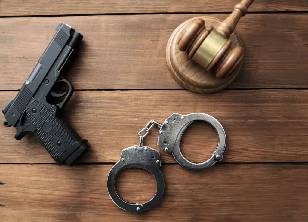 Una pistola, unas esposas y un mazo de juez sobre una superficie de madera, simbolizando cargos penales relacionados con armas de fuego y defensa legal.
