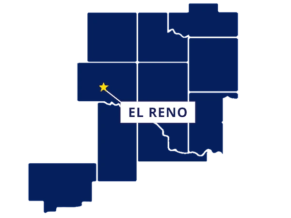 Map highlighting El Reno, Oklahoma with a yellow star and label, surrounded by outlined counties in dark blue.