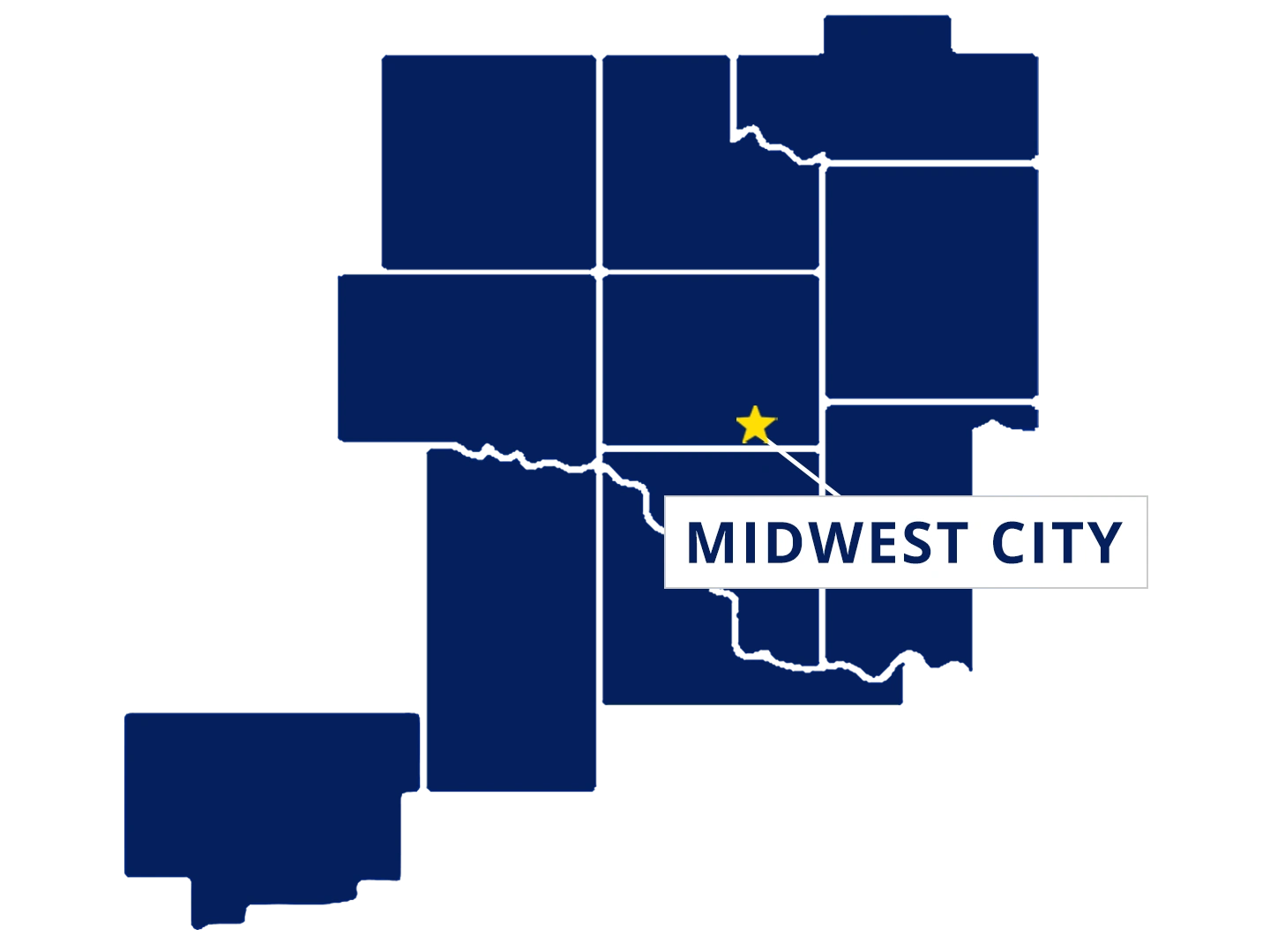 Map highlighting Midwest City, Oklahoma with a yellow star and label, surrounded by outlined counties in dark blue.