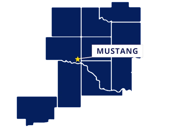 Map highlighting Mustang, Oklahoma with a yellow star and label, surrounded by outlined counties in dark blue.