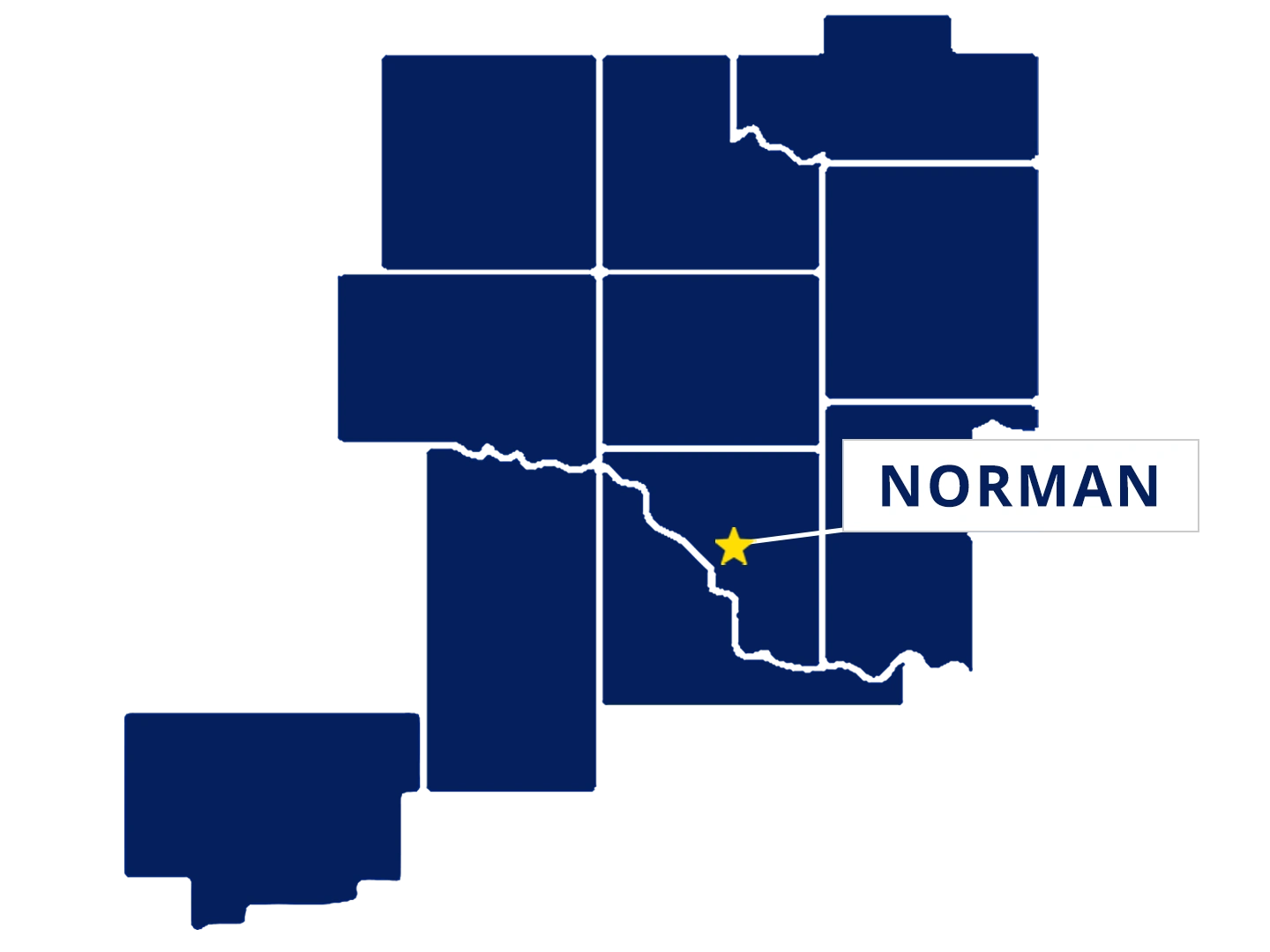 Map highlighting Norman, Oklahoma with a yellow star and label, surrounded by outlined counties in dark blue.
